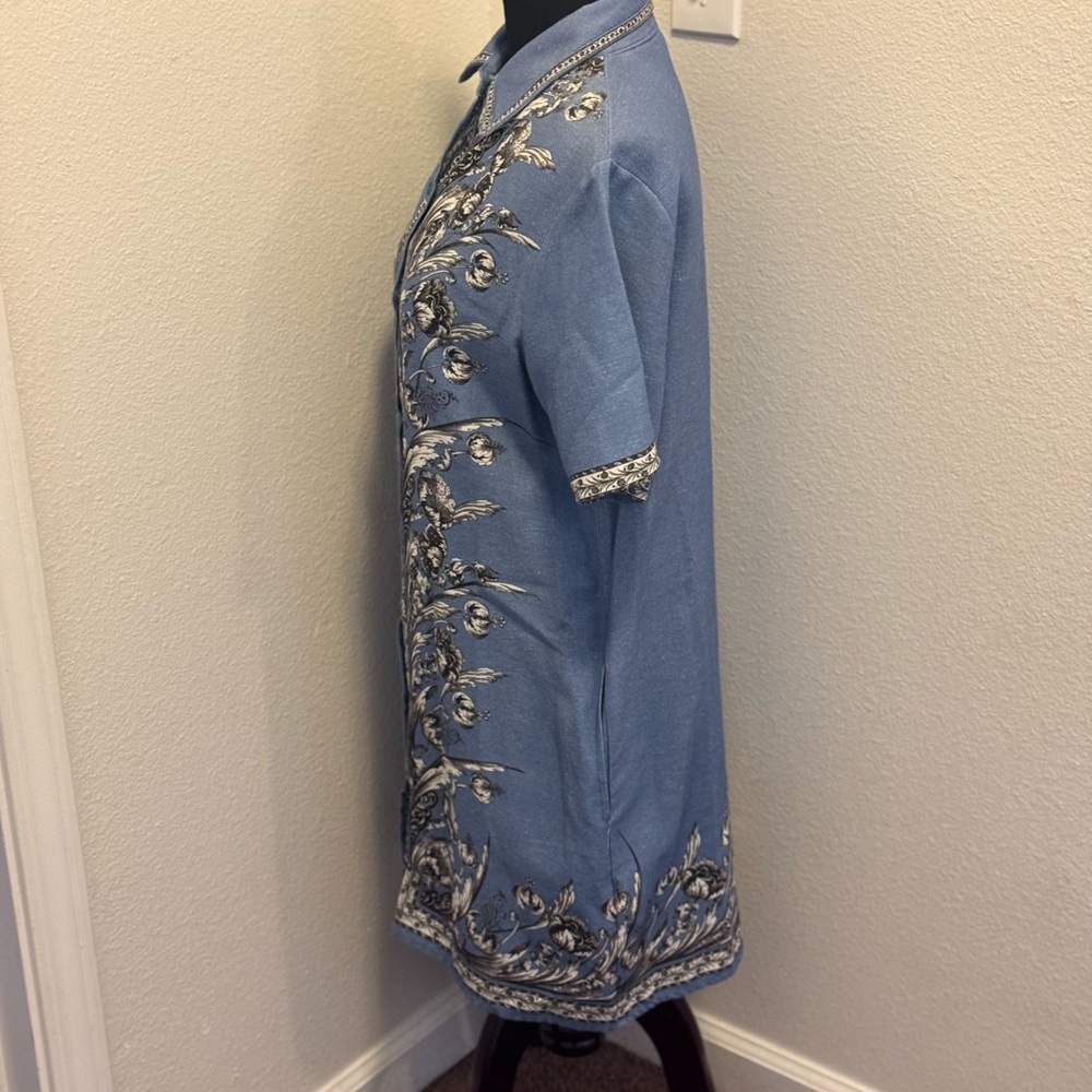 Max Studio Blue Linen Blend Shirt Dress Embroidered Size M NEW - Picture 4 of 12